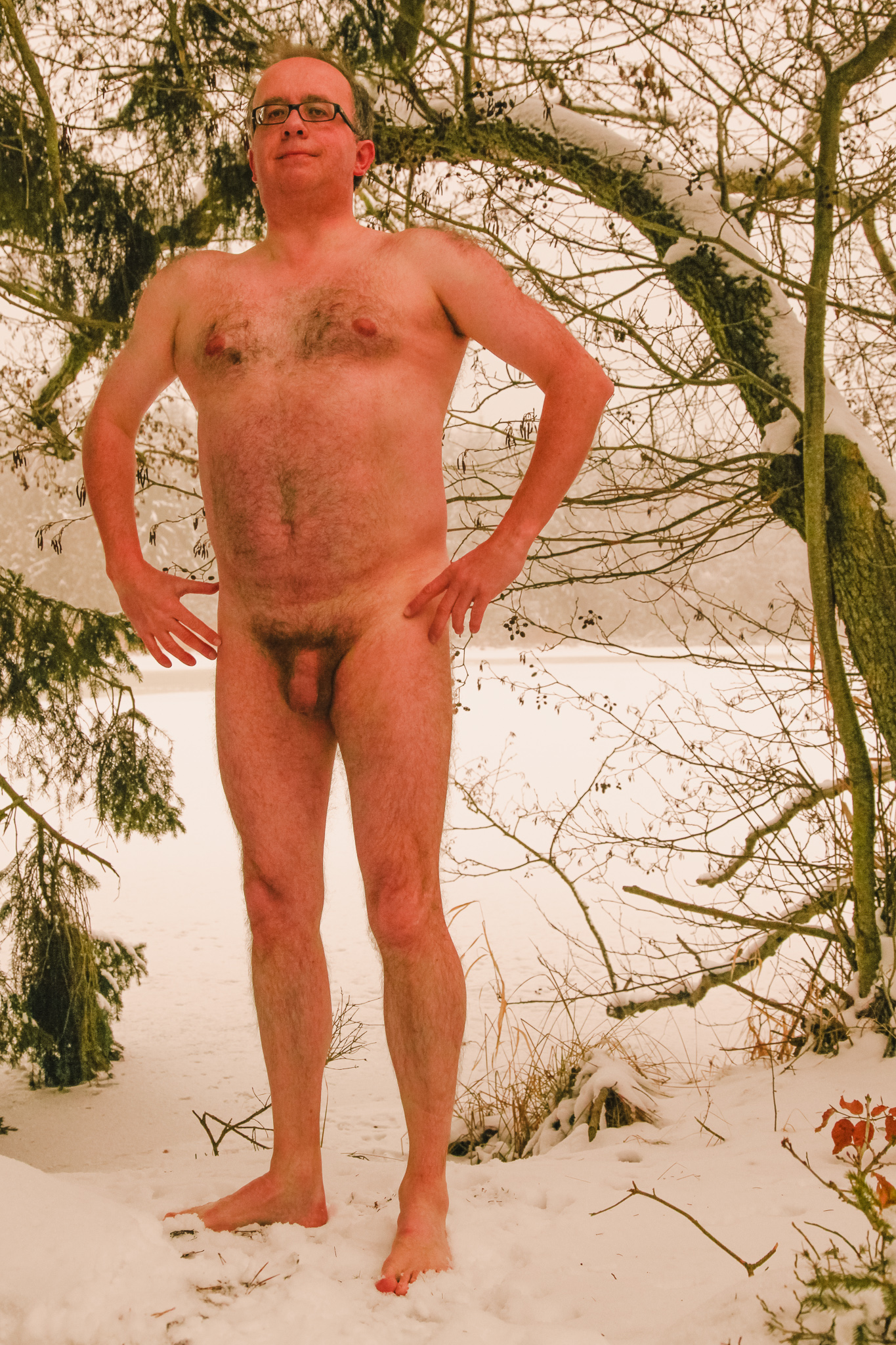 Stark naked and barefoot in the January snow