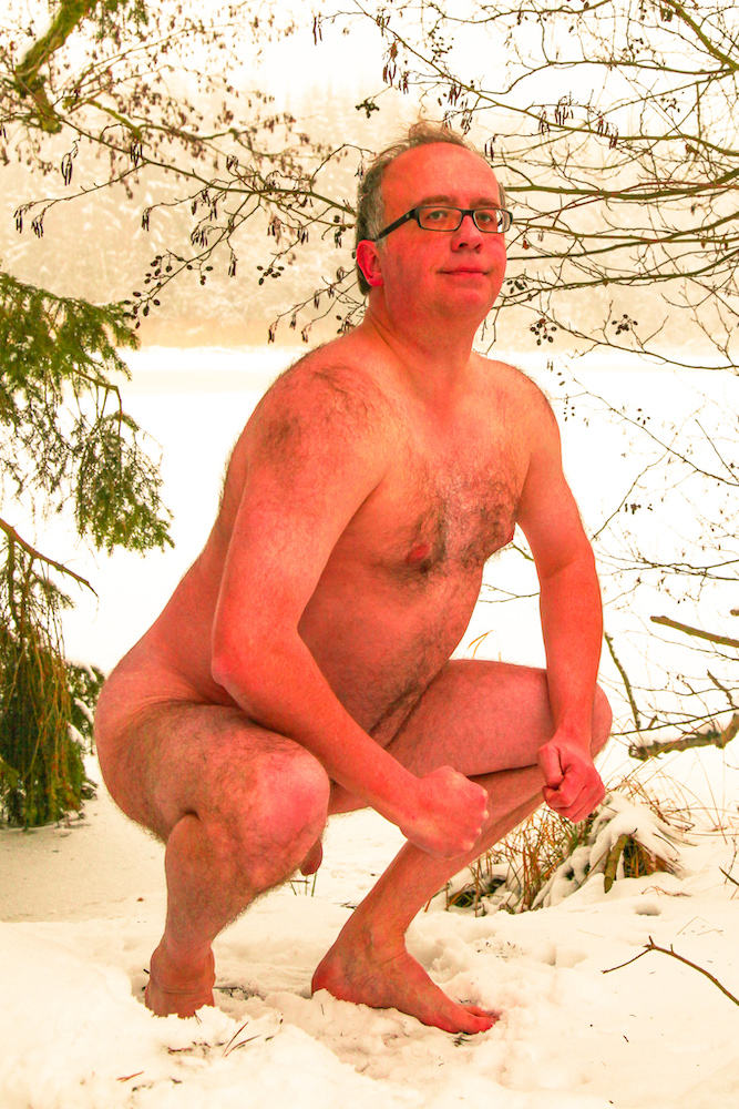 Stark naked and barefoot I hunker down in the January snow