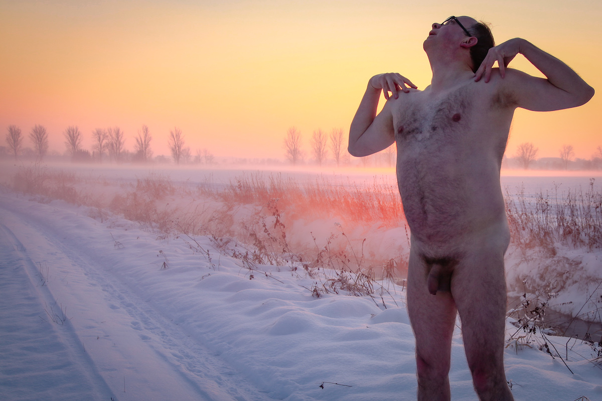 Naked mans cock and balls in the snow